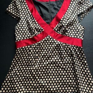 Nanette Lepore Silk Black Polka Dot Blouse with Red Trim.  Size 8